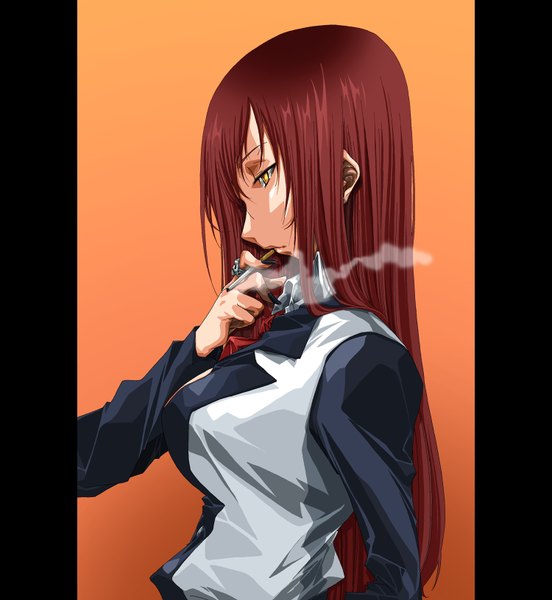Anime picture 1500x1632 with rantia (artist) single long hair tall image breasts simple background brown hair large breasts yellow eyes girl ring cigarette