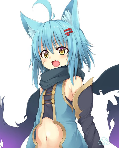 Anime picture 1000x1246 with original planol note mahcdai single tall image blush fringe short hair open mouth simple background white background bare shoulders animal ears yellow eyes looking away ahoge aqua hair fang (fangs) fox ears scar