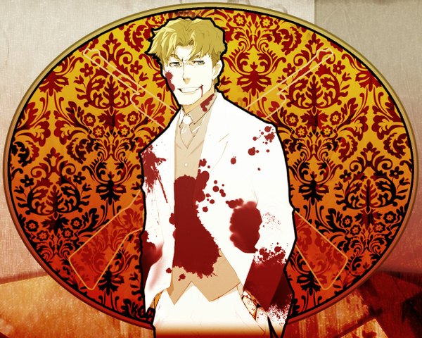 Anime picture 1280x1024 with baccano! ladd russo single short hair blue eyes blonde hair smile hands in pockets boy necktie blood vest suit