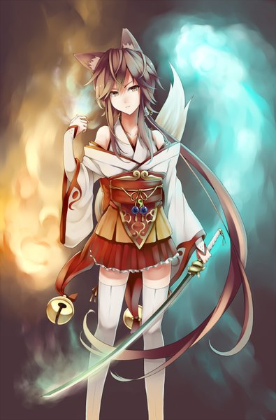 Anime picture 1200x1820 with original retsuna single long hair tall image highres brown hair bare shoulders brown eyes animal ears ponytail japanese clothes animal tail off shoulder girl thighhighs weapon white thighhighs sword katana