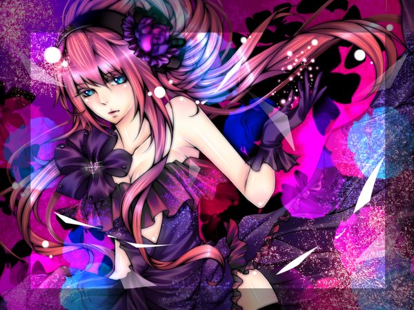 Anime picture 1600x1200 with vocaloid megurine luka nai (artist) single long hair open mouth blue eyes bare shoulders pink hair hair flower girl dress gloves hair ornament flower (flowers) headband