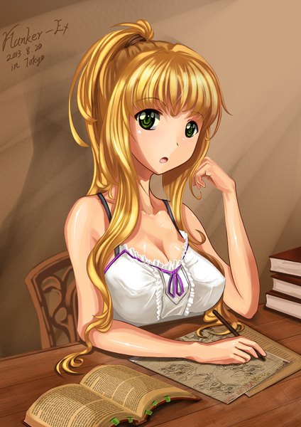 Anime picture 962x1360 with original rhineheim single long hair tall image looking at viewer open mouth blonde hair bare shoulders green eyes girl dress book (books)