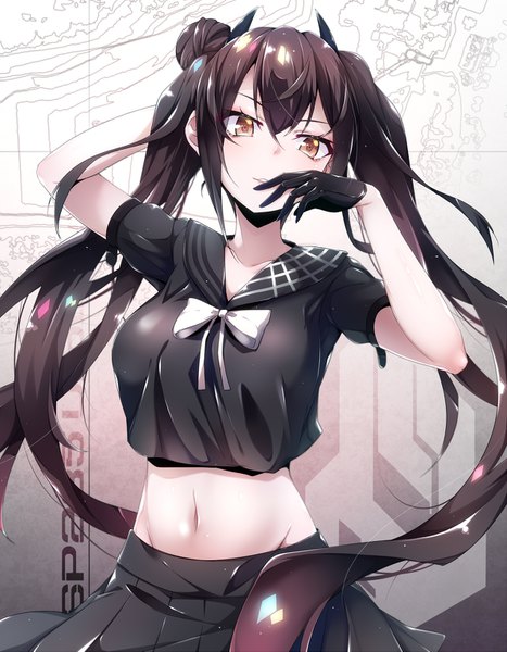 Anime picture 1200x1541 with girls frontline ouroboros (girls frontline) ripe.c single long hair tall image looking at viewer fringe breasts smile hair between eyes large breasts twintails brown eyes parted lips pleated skirt short sleeves midriff hair bun (hair buns) girl