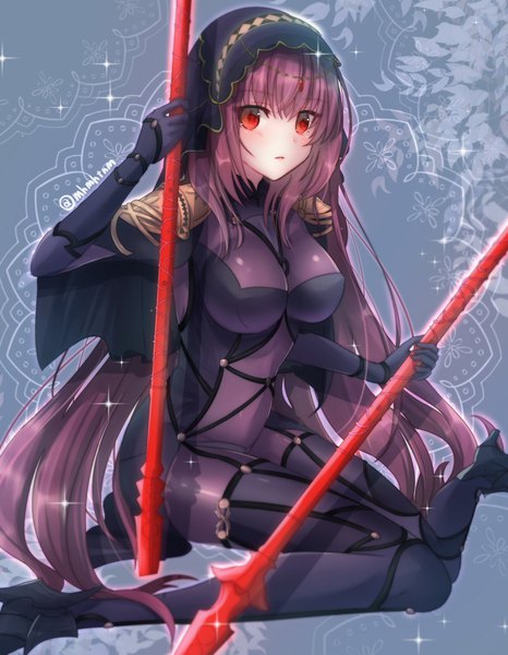 Anime picture 1591x2048 with fate (series) fate/grand order scathach (fate) (all) scathach (fate) tanaji single long hair tall image looking at viewer blush fringe breasts light erotic hair between eyes red eyes large breasts sitting holding signed purple hair