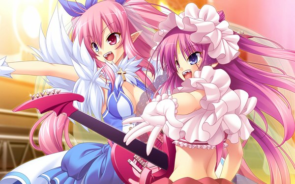 Anime picture 1920x1200 with prismatic princess union stars chuua churam chuno churam long hair highres open mouth wide image multiple girls pink hair game cg purple hair teeth fang (fangs) heterochromia girl dress gloves 2 girls bonnet guitar