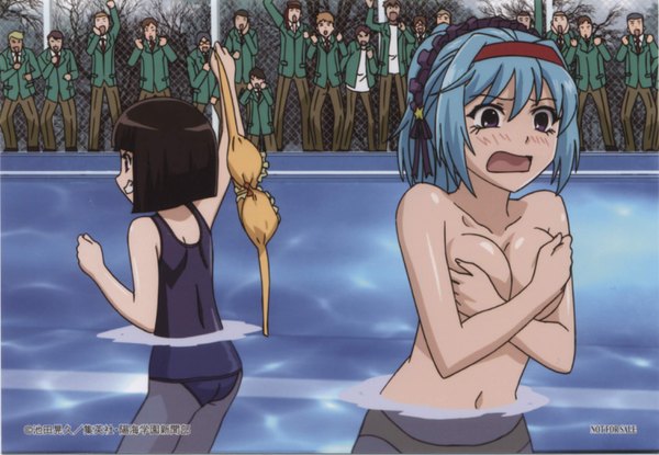 Anime picture 3019x2092 with rosario+vampire kurono kurumu sendo yukari highres light erotic scan topless breast hold swimsuit one-piece swimsuit school swimsuit