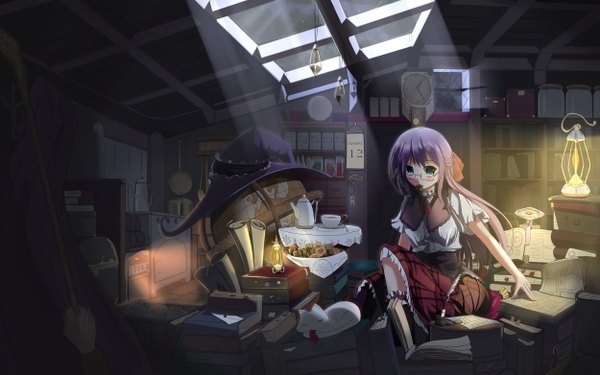 Anime picture 2500x1563 with original fatkewell long hair highres blue eyes black hair wide image girl glasses book (books) cat witch hat clock wall clock pendulum clock
