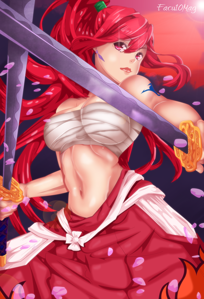 Anime picture 1300x1900 with fairy tail erza scarlet facu10mag single long hair tall image breasts light erotic red eyes large breasts holding ponytail red hair lips sunlight midriff tattoo lipstick coloring dual wielding