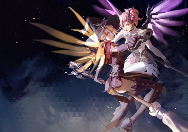 Anime picture 1920x1350 with overwatch blizzard entertainment mercy (overwatch) witch mercy devil mercy achyue highres short hair blue eyes blonde hair sitting multiple girls pink hair bent knee (knees) ponytail horn (horns) arm support orange eyes high heels alternate costume