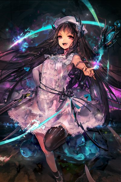 Anime picture 1200x1799 with original zis (artist) single long hair tall image looking at viewer open mouth black hair red eyes bent knee (knees) braid (braids) horn (horns) outstretched arm glowing laughing girl thighhighs dress staff single thighhigh
