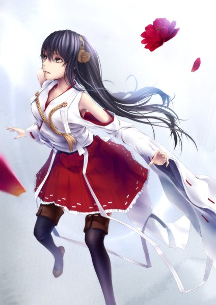 Anime picture 1000x1414 with kantai collection haruna battleship oki (koi0koi) single long hair tall image black hair brown eyes looking away traditional clothes girl hair ornament flower (flowers) detached sleeves petals thigh boots