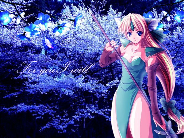 Anime picture 1600x1200 with seiken densetsu seiken densetsu 3 riesz single looking at viewer blue eyes blonde hair standing very long hair hair flower light smile inscription blue background girl dress flower (flowers) weapon plant (plants) tree (trees) hairband