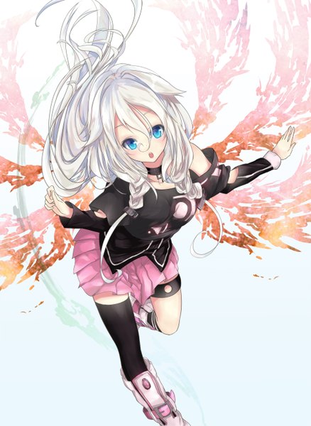 Anime picture 1000x1369 with vocaloid ia (vocaloid) single long hair tall image blush open mouth blue eyes bare shoulders white hair braid (braids) twin braids girl thighhighs skirt wings boots single thighhigh pink skirt