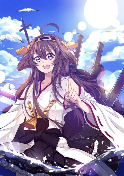 Anime picture 1000x1418 with kantai collection kongou battleship caibao single long hair tall image open mouth brown hair purple eyes sky cloud (clouds) ahoge nontraditional miko girl hair ornament weapon detached sleeves animal water bird (birds)