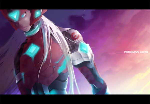 Anime picture 2268x1577 with rockman rockman x zero (rockman) yumiya long hair highres blue eyes blonde hair absurdres sky very long hair night sky glowing glowing eye (eyes) twilight boy armor star (stars) helmet