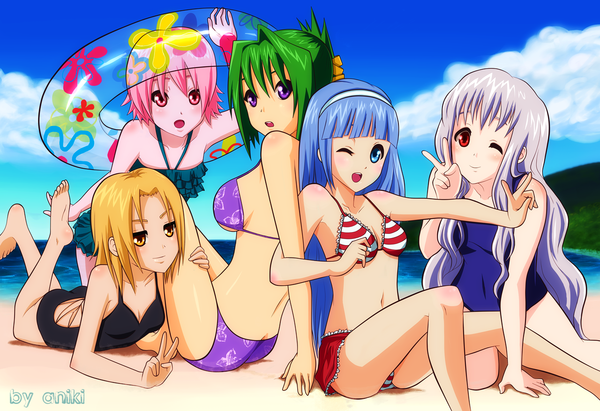 Anime picture 1280x877 with shaman king xebec kyouyama anna tao jun iron maiden jeanne tamamura tamao pirika usui hao-hime long hair blush short hair open mouth blue eyes light erotic blonde hair smile red eyes purple eyes multiple girls yellow eyes