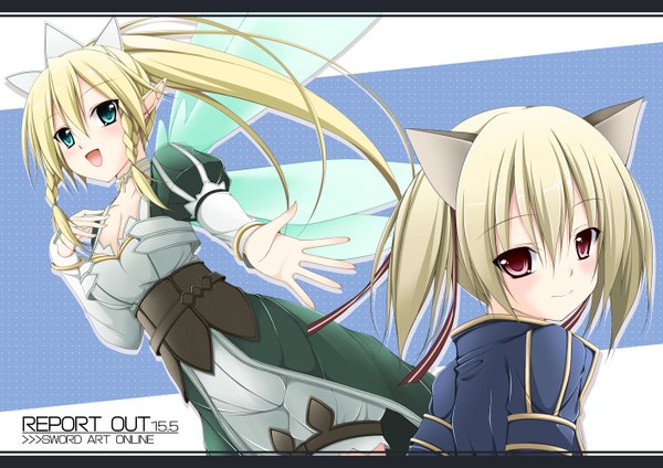 Anime picture 1414x1000 with sword art online a-1 pictures leafa silica tomosuke long hair blush short hair open mouth blue eyes blonde hair red eyes multiple girls animal ears braid (braids) pointy ears cat ears cat girl copyright name twin braids