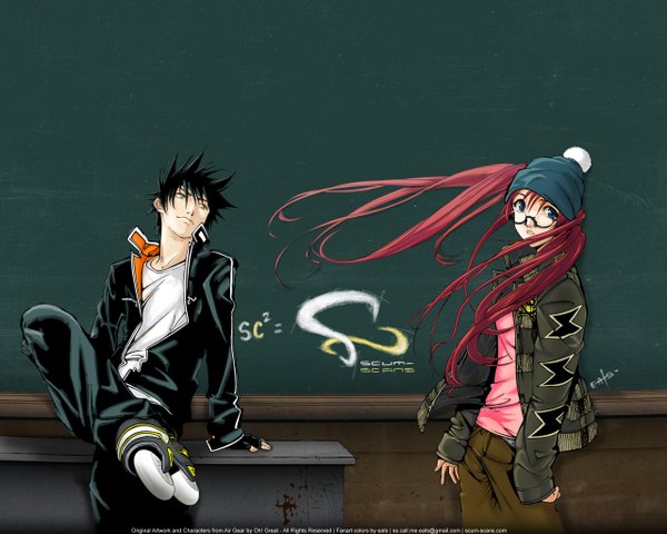 Anime picture 2560x2048 with air gear toei animation minami itsuki noyamano ringo highres black hair pink hair hat glasses jacket blackboard rollerblades