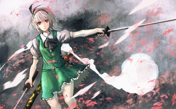 Anime picture 1200x747 with touhou konpaku youmu myon seafh (artist) single short hair red eyes wide image white hair girl dress skirt sword katana skirt set