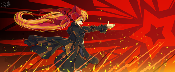 Anime picture 2000x836 with original krokobyaka single long hair highres open mouth red eyes wide image signed ponytail profile orange hair red background soviet communism girl ribbon (ribbons) hair ribbon cloak communist