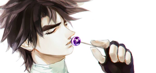 Anime picture 1223x574 with jojo no kimyou na bouken joseph joestar (young) kou (tsunaenma) single short hair simple background brown hair wide image white background eyes closed portrait eyebrows boy gloves food sweets fingerless gloves candy lollipop