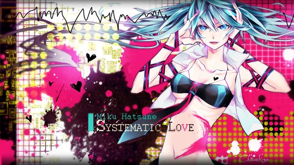 Anime picture 1500x844 with vocaloid hatsune miku single long hair looking at viewer open mouth light erotic wide image twintails aqua eyes aqua hair open clothes midriff tattoo open shirt girl navel necktie