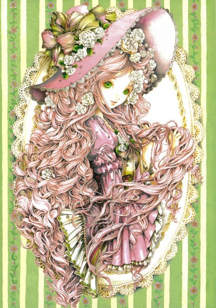 Anime picture 2250x3196 with original tukiji nao (green glass) single long hair tall image highres smile green eyes pink hair looking back hair flower wavy hair girl hair ornament flower (flowers) hat rose (roses) white rose