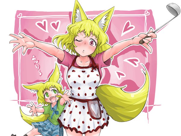 Anime picture 2694x2025 with original shuumatsu kitsune-san (doitsuken) kitsune musume (doitsuken) doitsuken looking at viewer blush highres open mouth simple background blonde hair smile standing multiple girls holding green eyes animal ears looking away tail parted lips :d