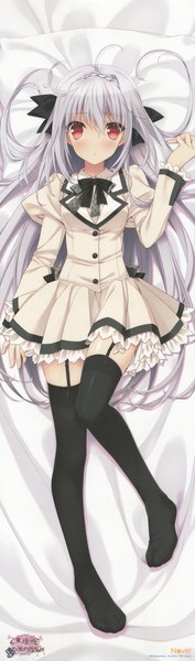 Anime picture 2253x7599 with tsuki ni yorisou otome no sahou sakurakouji luna suzuhira hiro single long hair tall image looking at viewer blush highres red eyes white hair braid (braids) dakimakura (medium) crown braid girl thighhighs uniform bow black thighhighs hair bow