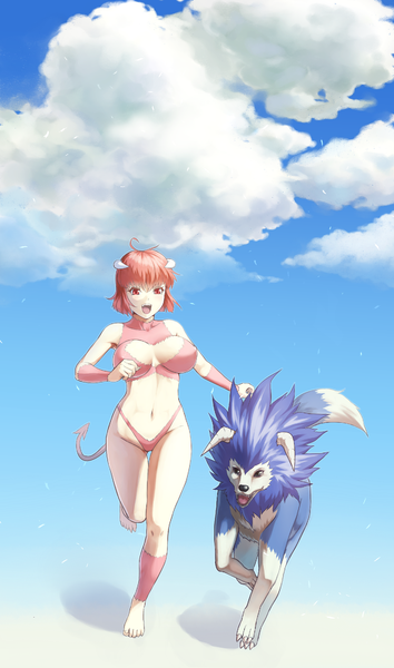 Anime picture 1003x1700 with monster farm pixie (monster farm) tiger (monster farm) tkln single tall image short hair breasts open mouth light erotic smile red eyes large breasts red hair tail horn (horns) erect nipples covered nipples girl navel