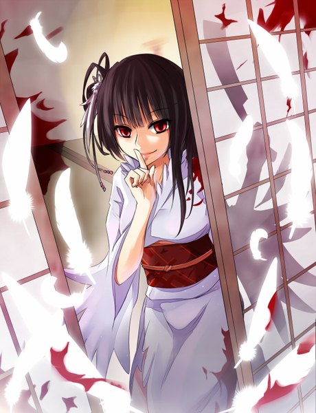 Anime picture 1150x1500 with original shiro i neko single long hair tall image black hair red eyes japanese clothes light smile finger to mouth girl kimono obi feather (feathers) sliding doors shouji