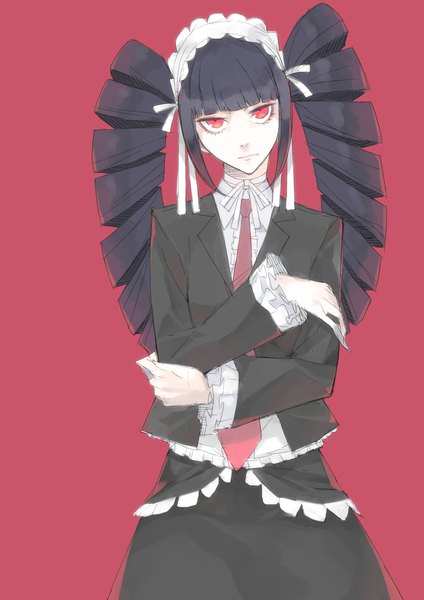 Anime picture 1240x1754 with dangan ronpa celestia ludenberg haruba negi single long hair tall image looking at viewer fringe black hair simple background red eyes twintails drill hair red background lolita fashion goth-loli girl lolita hairband