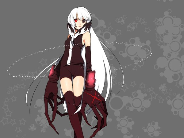 Anime picture 1400x1050 with black rock shooter strength (black rock shooter) kurono yuu single long hair red eyes white hair alternate costume heterochromia alternate hairstyle mechanical parts girl thighhighs gloves weapon shorts claws