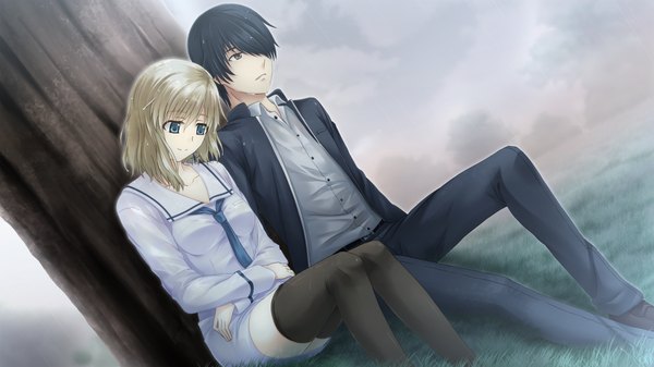 Anime picture 1024x576 with tokyo babel short hair blue eyes black hair wide image sitting game cg white hair couple girl thighhighs boy uniform black thighhighs plant (plants) school uniform tree (trees)