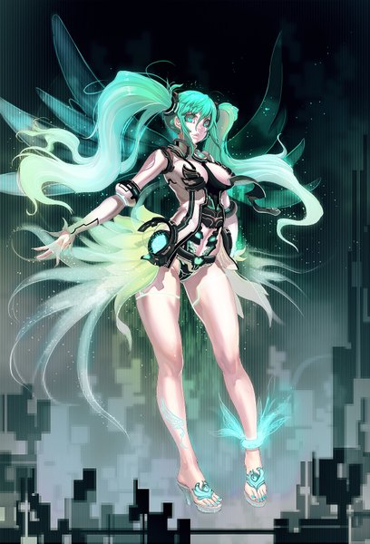 Anime picture 1181x1738 with vocaloid hatsune miku jeffr long hair tall image light erotic twintails very long hair nail polish aqua eyes aqua hair high heels alternate costume girl shoes sandals costume