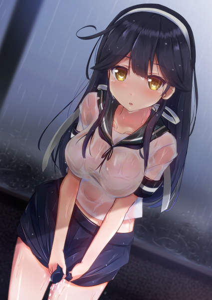 Anime picture 567x800 with kantai collection ushio destroyer cuon (kuon) single long hair tall image looking at viewer blush breasts light erotic black hair large breasts yellow eyes ahoge parted lips from above short sleeves midriff wet dutch angle