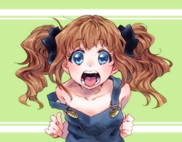 Anime picture 1500x1170 with idolmaster takatsuki yayoi takanashi ringo single long hair looking at viewer open mouth blue eyes light erotic simple background brown hair twintails bare shoulders short twintails flat chest green background girl tongue overalls