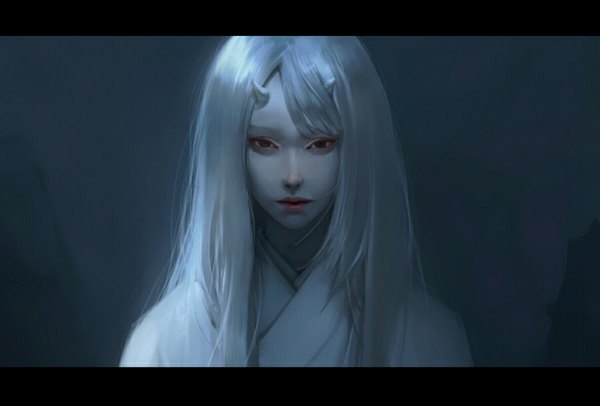 Anime picture 900x609 with original fukawa (pixiv) single long hair looking at viewer fringe simple background white hair horn (horns) dark background close-up pale skin oni horns white skin girl