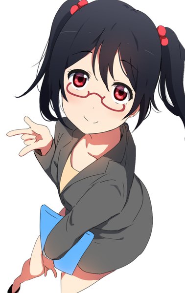 Anime picture 568x900 with love live! school idol project sunrise (studio) love live! yazawa nico icehotmilktea single long hair tall image looking at viewer blush fringe black hair simple background smile red eyes white background twintails holding from above leaning