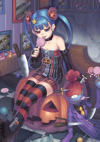 Anime picture 1240x1754 with original gonster single long hair tall image red eyes sitting twintails bare shoulders blue hair girl thighhighs skirt hair ornament detached sleeves miniskirt boots striped thighhighs knife lollipop