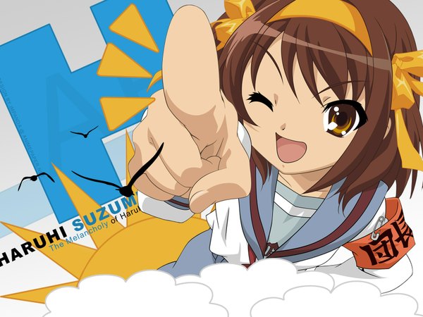 Anime picture 1600x1200 with suzumiya haruhi no yuutsu kyoto animation suzumiya haruhi girl serafuku
