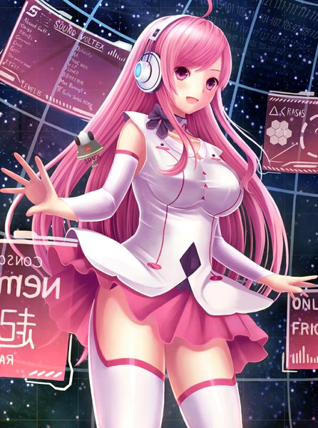 Anime picture 858x1155 with sound voltex rasis megimegyo single long hair tall image blush open mouth pink hair ahoge pink eyes girl thighhighs dress bow detached sleeves white thighhighs headphones