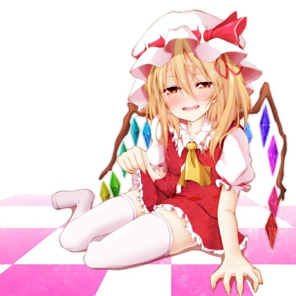 Anime picture 1050x1050 with touhou flandre scarlet naobe009 looking at viewer blush short hair open mouth light erotic blonde hair red eyes girl thighhighs dress skirt white thighhighs wings bonnet skirt set crystal