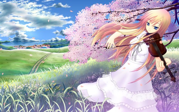 Anime picture 2880x1800 with original nazu-na single long hair highres blue eyes blonde hair wide image sky cloud (clouds) light smile girl dress plant (plants) petals grass sundress violin bow (instrument)