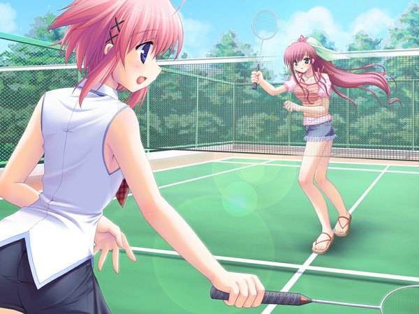 Anime picture 1024x768 with long hair short hair purple eyes multiple girls green eyes pink hair ponytail soles casual badminton girl 2 girls sandals badminton racket