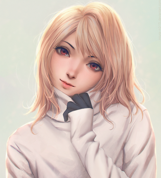Anime picture 1220x1348 with shingetsutan tsukihime type-moon arcueid brunestud miura-n315 single long hair tall image looking at viewer blush fringe blonde hair red eyes upper body head tilt light smile lips realistic sleeves past wrists girl gloves