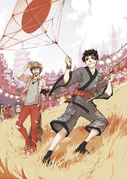 Anime picture 827x1169 with original hikari-akagi tall image short hair black hair blonde hair smile red eyes holding bent knee (knees) traditional clothes wind wide sleeves arms up multiple boys grey eyes leaning open shirt looking up clenched teeth