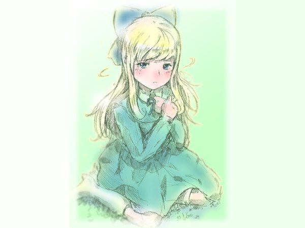 Anime picture 1600x1200 with alps no shoujo heidi nippon animation world masterpiece theater klara sesemann mayo riyo single blue eyes blonde hair sitting tears third-party edit extended girl dress bow hair bow