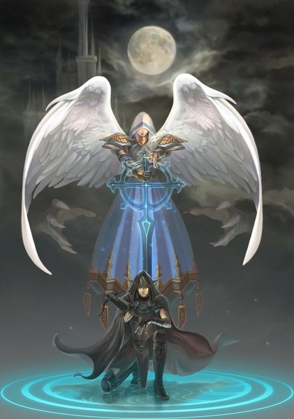 Anime picture 1613x2300 with heroes of might and magic (game) natsuki-3 (artist) long hair tall image short hair black hair silver hair cloud (clouds) horn (horns) pointy ears grey hair night grey background night sky kneeling magic angel wings fog girl boy