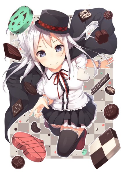 Anime picture 992x1403 with original samegami single long hair tall image looking at viewer blue eyes white hair valentine girl thighhighs dress black thighhighs hat food sweets chocolate